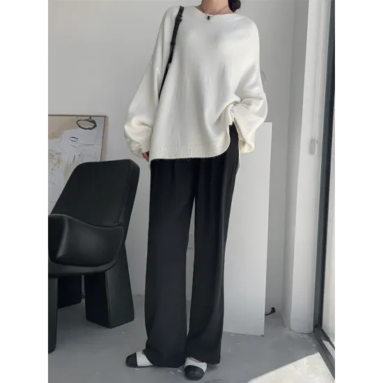 Stretch Mohair-Blend Balloon Sleeves Loose Solid Round-Neck Sweater Tops Stretch Mohair-Blend Balloon Sleeves Loose Solid Round-Neck Sweater Tops
