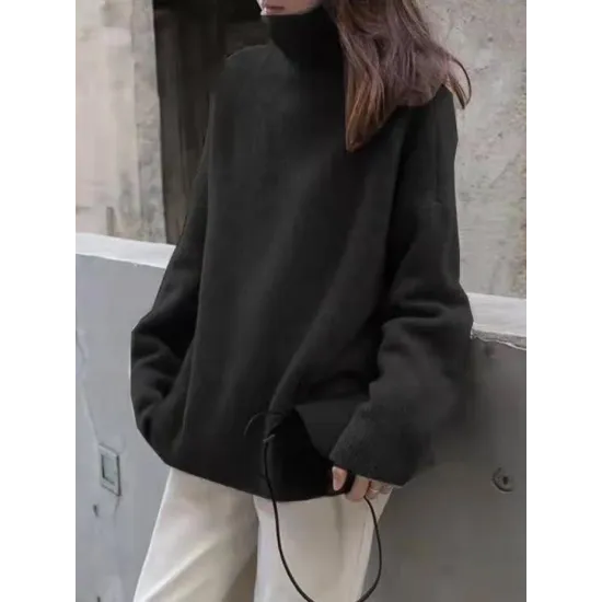 Casual Loose Long Sleeves Solid Color High-Neck Sweater Tops Casual Loose Long Sleeves Solid Color High-Neck Sweater Tops