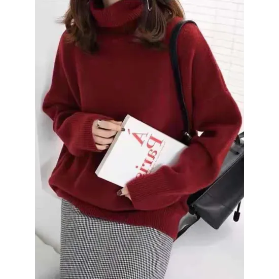 Casual Loose Long Sleeves Solid Color High-Neck Sweater Tops Casual Loose Long Sleeves Solid Color High-Neck Sweater Tops