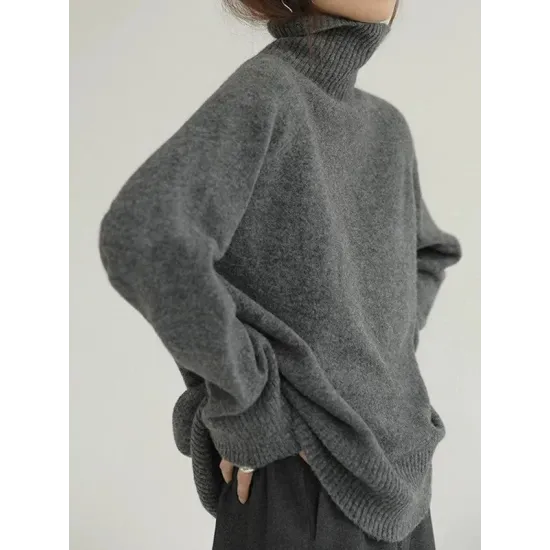 Casual Loose Long Sleeves Solid Color High-Neck Sweater Tops Casual Loose Long Sleeves Solid Color High-Neck Sweater Tops