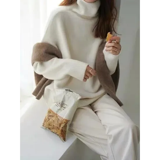Casual Loose Long Sleeves Solid Color High-Neck Sweater Tops Casual Loose Long Sleeves Solid Color High-Neck Sweater Tops