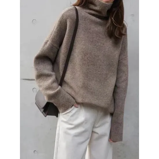 Casual Loose Long Sleeves Solid Color High-Neck Sweater Tops Casual Loose Long Sleeves Solid Color High-Neck Sweater Tops