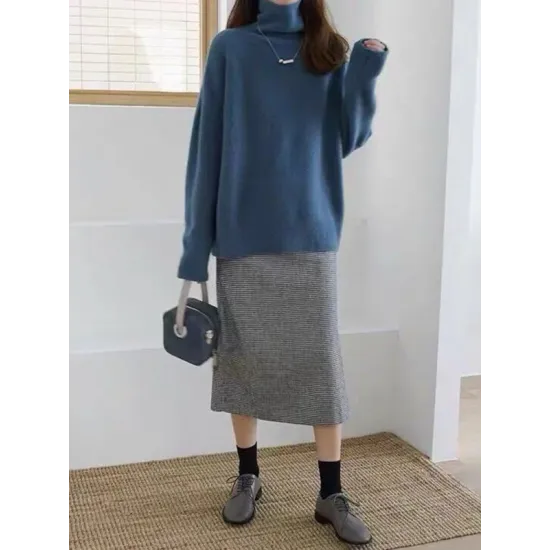 Casual Loose Long Sleeves Solid Color High-Neck Sweater Tops Casual Loose Long Sleeves Solid Color High-Neck Sweater Tops