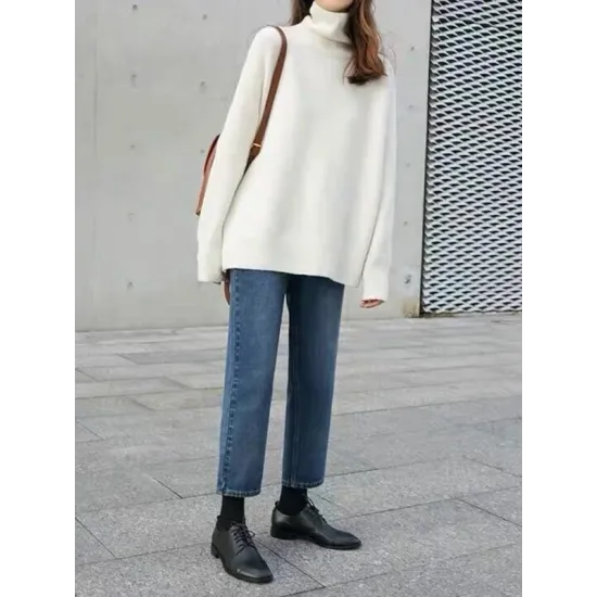 Casual Loose Long Sleeves Solid Color High-Neck Sweater Tops Casual Loose Long Sleeves Solid Color High-Neck Sweater Tops
