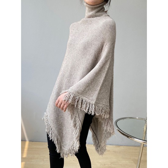 Casual Loose Tasseled Solid Color High-Neck Sweater Tops Casual Loose Tasseled Solid Color High-Neck Sweater Tops