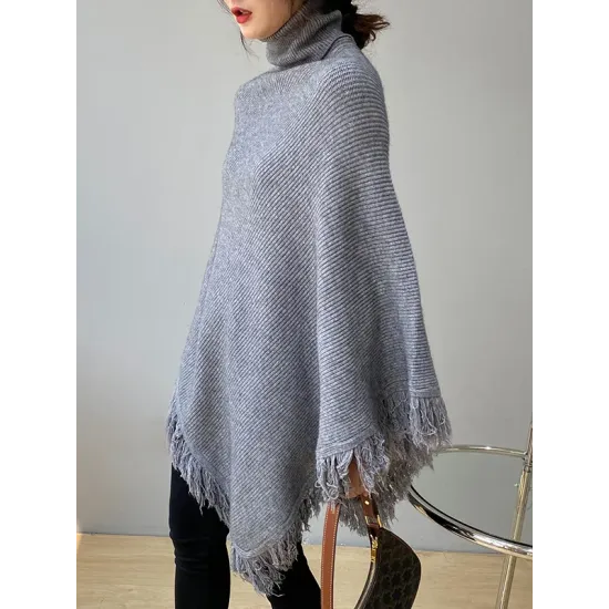 Casual Loose Tasseled Solid Color High-Neck Sweater Tops Casual Loose Tasseled Solid Color High-Neck Sweater Tops
