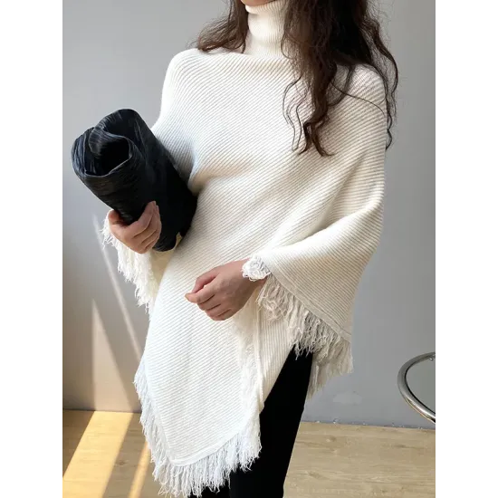 Casual Loose Tasseled Solid Color High-Neck Sweater Tops Casual Loose Tasseled Solid Color High-Neck Sweater Tops