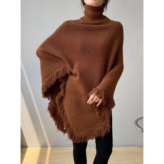 Casual Loose Tasseled Solid Color High-Neck Sweater Tops Casual Loose Tasseled Solid Color High-Neck Sweater Tops