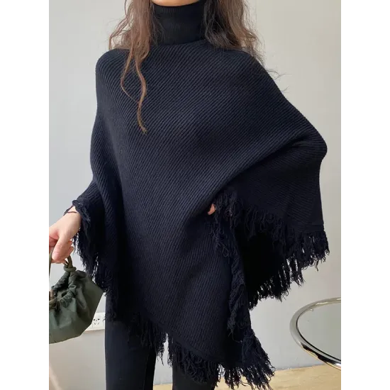 Casual Loose Tasseled Solid Color High-Neck Sweater Tops Casual Loose Tasseled Solid Color High-Neck Sweater Tops