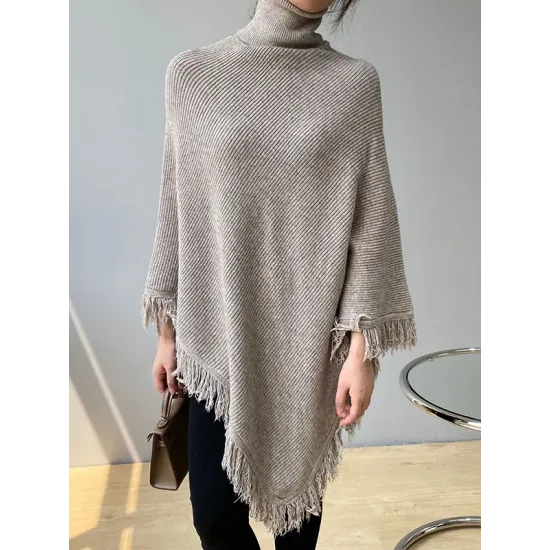 Casual Loose Tasseled Solid Color High-Neck Sweater Tops Casual Loose Tasseled Solid Color High-Neck Sweater Tops