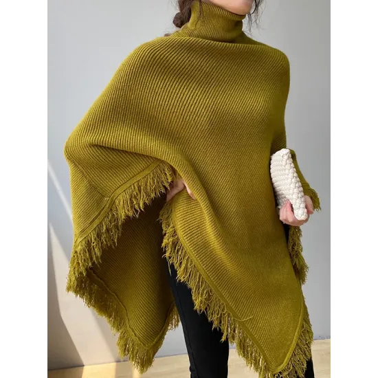 Casual Loose Tasseled Solid Color High-Neck Sweater Tops Casual Loose Tasseled Solid Color High-Neck Sweater Tops