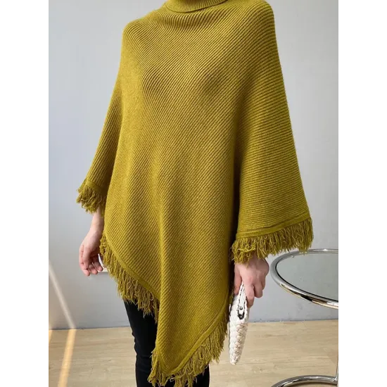 Casual Loose Tasseled Solid Color High-Neck Sweater Tops Casual Loose Tasseled Solid Color High-Neck Sweater Tops