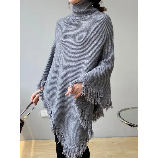 Casual Loose Tasseled Solid Color High-Neck Sweater Tops Casual Loose Tasseled Solid Color High-Neck Sweater Tops