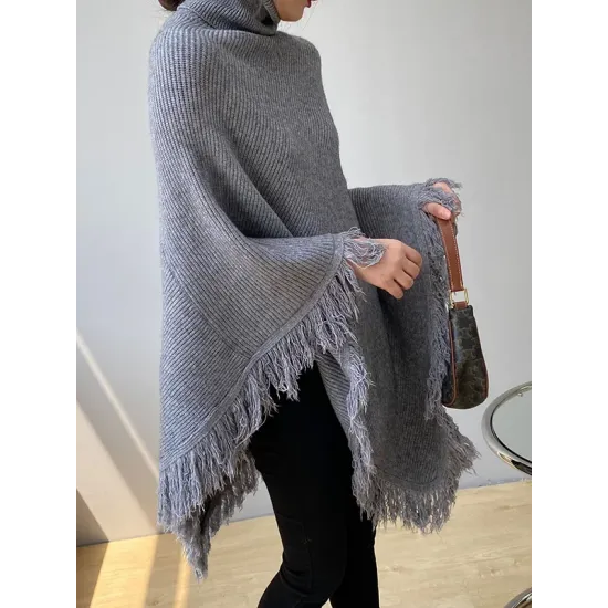 Casual Loose Tasseled Solid Color High-Neck Sweater Tops Casual Loose Tasseled Solid Color High-Neck Sweater Tops