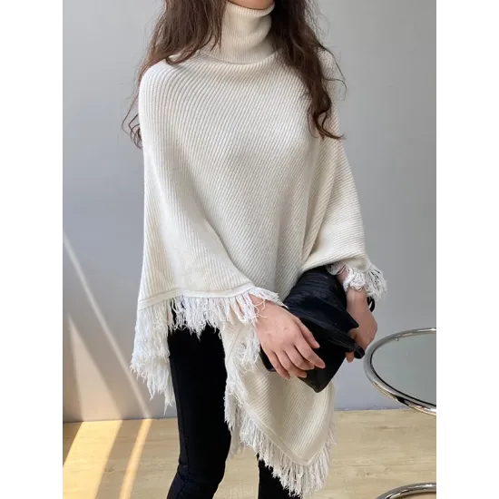 Casual Loose Tasseled Solid Color High-Neck Sweater Tops Casual Loose Tasseled Solid Color High-Neck Sweater Tops