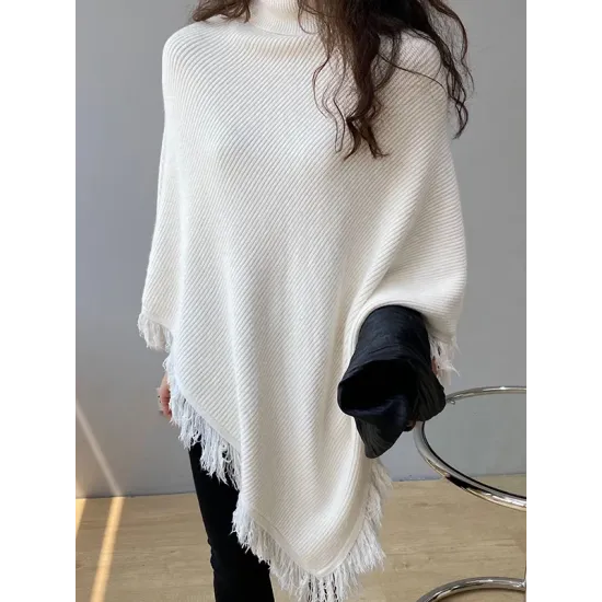 Casual Loose Tasseled Solid Color High-Neck Sweater Tops Casual Loose Tasseled Solid Color High-Neck Sweater Tops