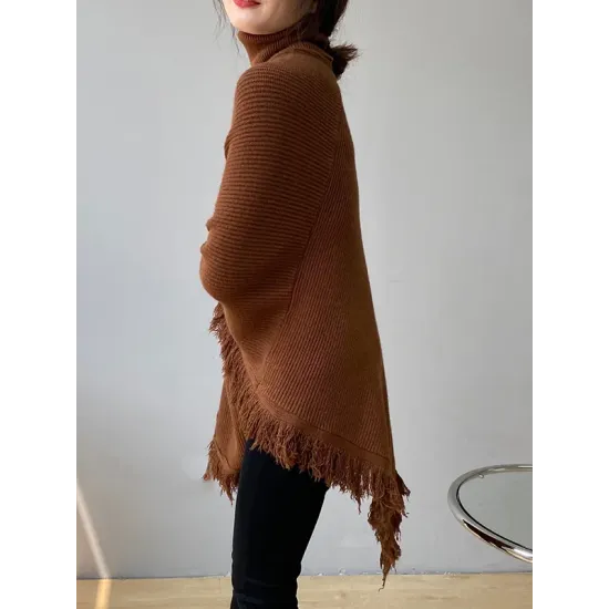 Casual Loose Tasseled Solid Color High-Neck Sweater Tops Casual Loose Tasseled Solid Color High-Neck Sweater Tops