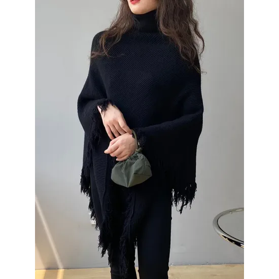 Casual Loose Tasseled Solid Color High-Neck Sweater Tops Casual Loose Tasseled Solid Color High-Neck Sweater Tops