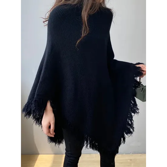 Casual Loose Tasseled Solid Color High-Neck Sweater Tops Casual Loose Tasseled Solid Color High-Neck Sweater Tops