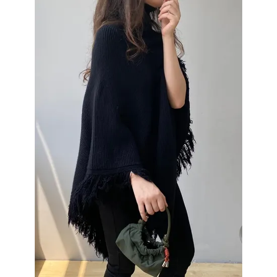 Casual Loose Tasseled Solid Color High-Neck Sweater Tops Casual Loose Tasseled Solid Color High-Neck Sweater Tops