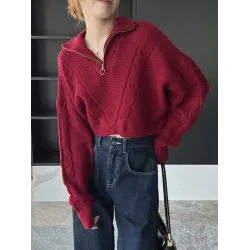Simple Batwing Sleeves Long Sleeves Jacquard Solid Color Lapel Collar Sweater Tops