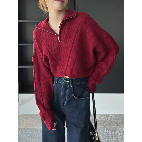Simple Batwing Sleeves Long Sleeves Jacquard Solid Color Lapel Collar Sweater Tops Simple Batwing Sleeves Long Sleeves Jacquard Solid Color Lapel Collar Sweater Tops