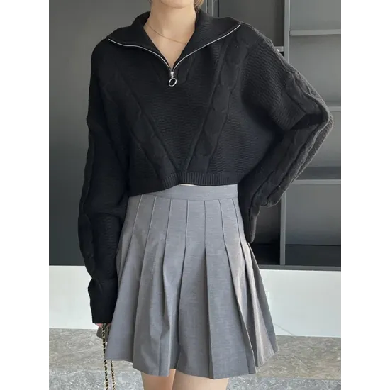 Simple Batwing Sleeves Long Sleeves Jacquard Solid Color Lapel Collar Sweater Tops Simple Batwing Sleeves Long Sleeves Jacquard Solid Color Lapel Collar Sweater Tops