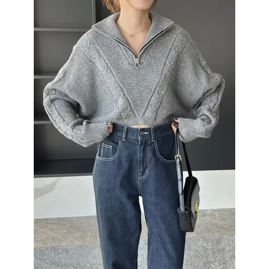 Simple Batwing Sleeves Long Sleeves Jacquard Solid Color Lapel Collar Sweater Tops Simple Batwing Sleeves Long Sleeves Jacquard Solid Color Lapel Collar Sweater Tops