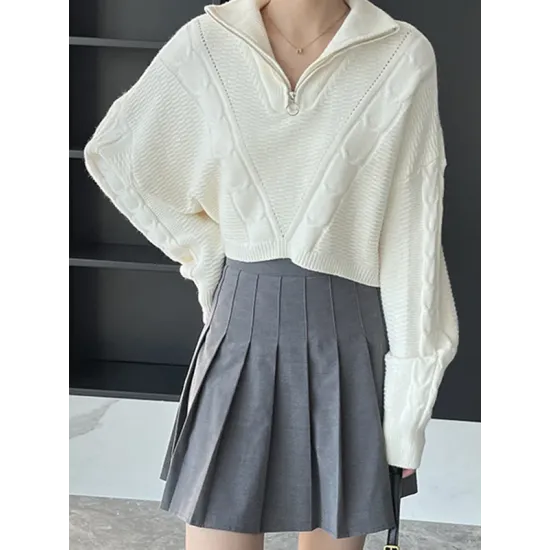 Simple Batwing Sleeves Long Sleeves Jacquard Solid Color Lapel Collar Sweater Tops Simple Batwing Sleeves Long Sleeves Jacquard Solid Color Lapel Collar Sweater Tops