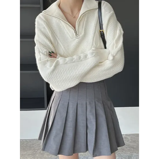 Simple Batwing Sleeves Long Sleeves Jacquard Solid Color Lapel Collar Sweater Tops Simple Batwing Sleeves Long Sleeves Jacquard Solid Color Lapel Collar Sweater Tops