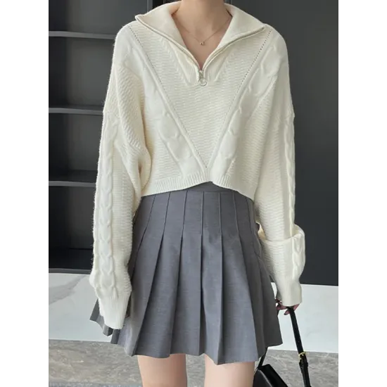 Simple Batwing Sleeves Long Sleeves Jacquard Solid Color Lapel Collar Sweater Tops Simple Batwing Sleeves Long Sleeves Jacquard Solid Color Lapel Collar Sweater Tops