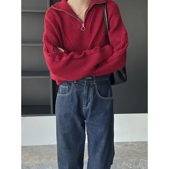 Simple Batwing Sleeves Long Sleeves Jacquard Solid Color Lapel Collar Sweater Tops Simple Batwing Sleeves Long Sleeves Jacquard Solid Color Lapel Collar Sweater Tops