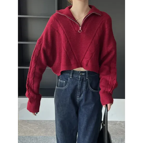 Simple Batwing Sleeves Long Sleeves Jacquard Solid Color Lapel Collar Sweater Tops Simple Batwing Sleeves Long Sleeves Jacquard Solid Color Lapel Collar Sweater Tops