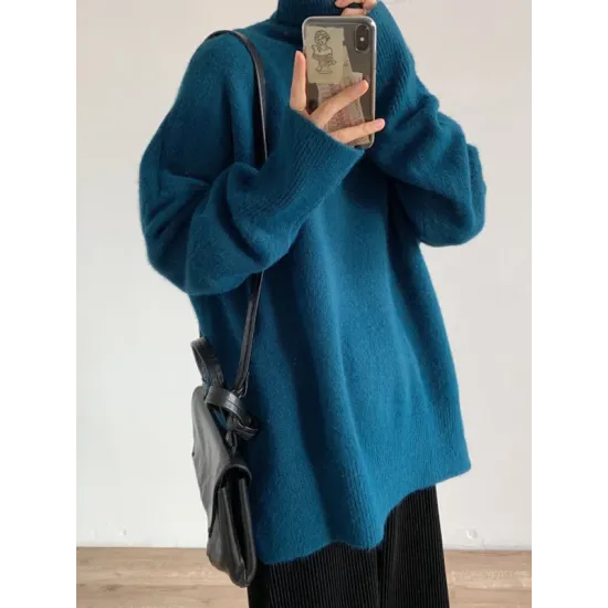 Casual Long Sleeves Loose Solid Color High-Neck Sweater Tops Casual Long Sleeves Loose Solid Color High-Neck Sweater Tops