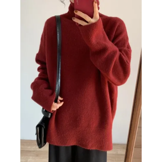 Casual Long Sleeves Loose Solid Color High-Neck Sweater Tops Casual Long Sleeves Loose Solid Color High-Neck Sweater Tops