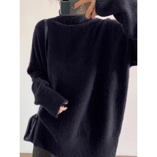 Casual Long Sleeves Loose Solid Color High-Neck Sweater Tops Casual Long Sleeves Loose Solid Color High-Neck Sweater Tops