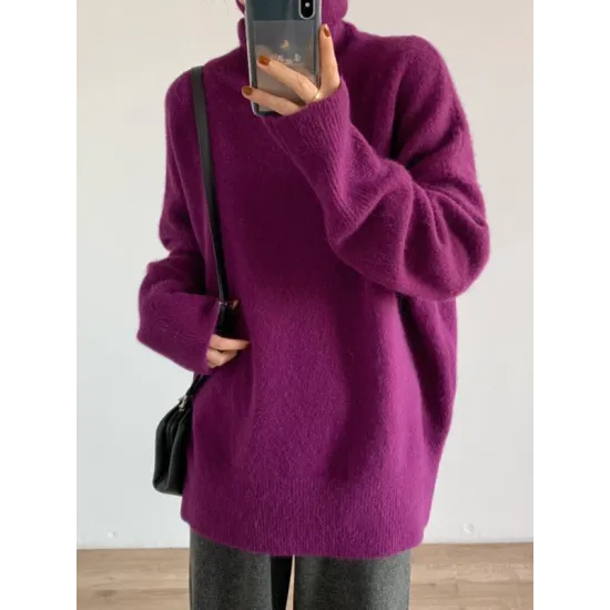 Casual Long Sleeves Loose Solid Color High-Neck Sweater Tops Casual Long Sleeves Loose Solid Color High-Neck Sweater Tops