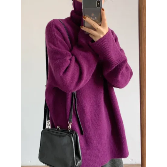 Casual Long Sleeves Loose Solid Color High-Neck Sweater Tops Casual Long Sleeves Loose Solid Color High-Neck Sweater Tops
