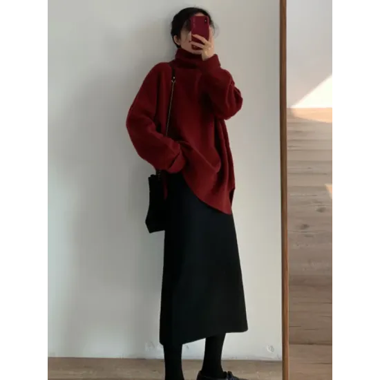 Casual Long Sleeves Loose Solid Color High-Neck Sweater Tops Casual Long Sleeves Loose Solid Color High-Neck Sweater Tops