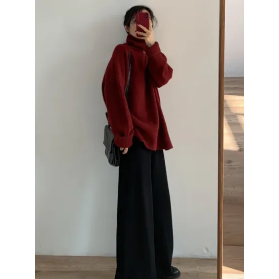Casual Long Sleeves Loose Solid Color High-Neck Sweater Tops Casual Long Sleeves Loose Solid Color High-Neck Sweater Tops