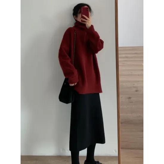 Casual Long Sleeves Loose Solid Color High-Neck Sweater Tops Casual Long Sleeves Loose Solid Color High-Neck Sweater Tops