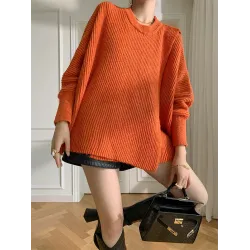 Irregularity Loose Solid Color Batwing Sleeves Round-Neck Sweater Tops