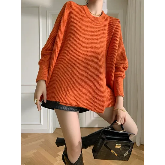 Irregularity Loose Solid Color Batwing Sleeves Round-Neck Sweater Tops Irregularity Loose Solid Color Batwing Sleeves Round-Neck Sweater Tops