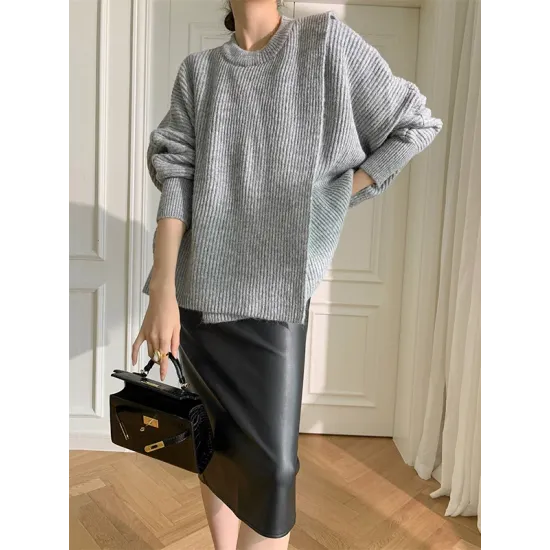 Irregularity Loose Solid Color Batwing Sleeves Round-Neck Sweater Tops Irregularity Loose Solid Color Batwing Sleeves Round-Neck Sweater Tops