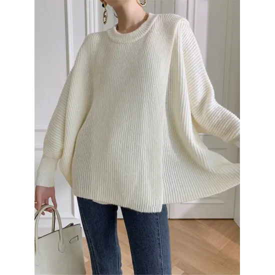 Irregularity Loose Solid Color Batwing Sleeves Round-Neck Sweater Tops Irregularity Loose Solid Color Batwing Sleeves Round-Neck Sweater Tops