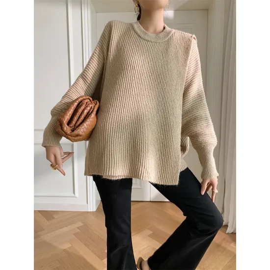 Irregularity Loose Solid Color Batwing Sleeves Round-Neck Sweater Tops Irregularity Loose Solid Color Batwing Sleeves Round-Neck Sweater Tops