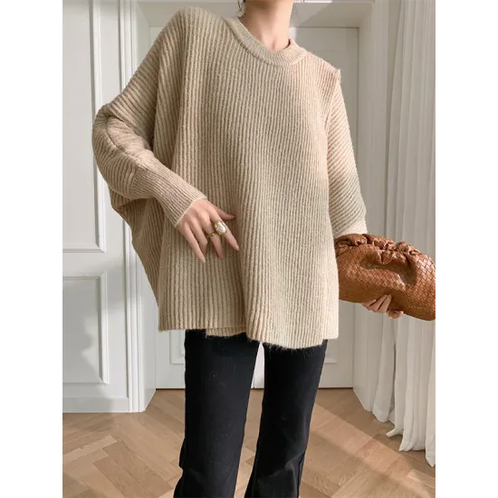 Irregularity Loose Solid Color Batwing Sleeves Round-Neck Sweater Tops Irregularity Loose Solid Color Batwing Sleeves Round-Neck Sweater Tops
