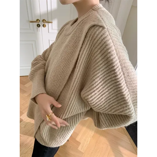 Irregularity Loose Solid Color Batwing Sleeves Round-Neck Sweater Tops Irregularity Loose Solid Color Batwing Sleeves Round-Neck Sweater Tops