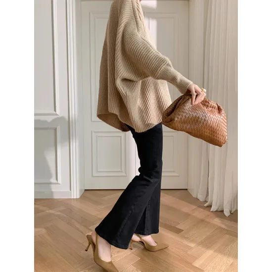 Irregularity Loose Solid Color Batwing Sleeves Round-Neck Sweater Tops Irregularity Loose Solid Color Batwing Sleeves Round-Neck Sweater Tops