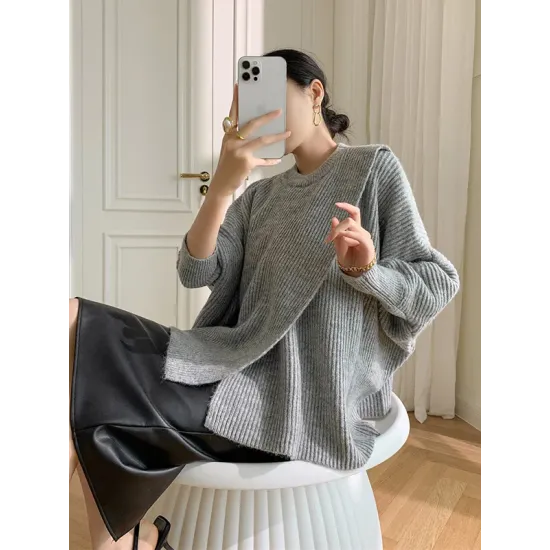Irregularity Loose Solid Color Batwing Sleeves Round-Neck Sweater Tops Irregularity Loose Solid Color Batwing Sleeves Round-Neck Sweater Tops